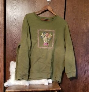 Green sweatshirt  with pink floral embroidered